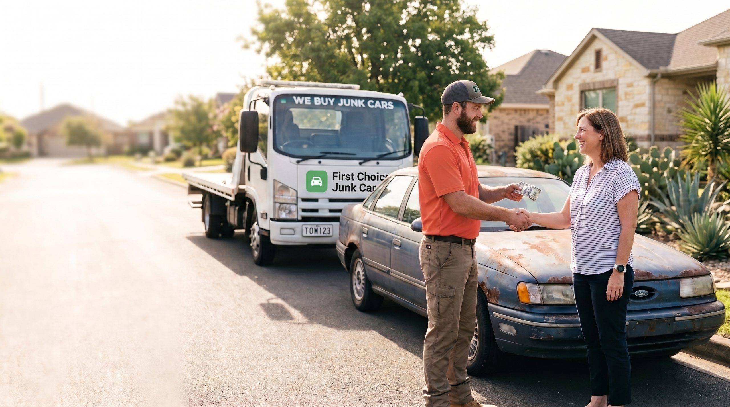 First Choice Junk Car driver handing cash to a customer for her junk car with flatbed tow truck in background